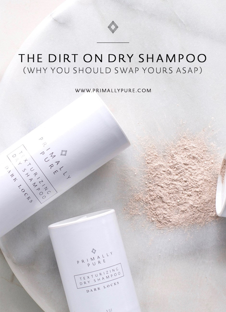 Dry shampoo has become a daily staple in most women's beauty routines. It extends the life of a style in between washes, helps absorb excess oil and refreshes second day hair. But there are some serious dangers associated with conventional + aerosol dry shampoos. Check out this post to uncover the dirt on dry shampoo! | Primally Pure Skincare