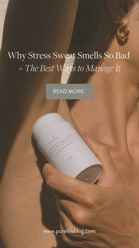 Stress sweat is not fun, but it doesn’t have to run your life. Take back the power by learning to manage stress sweat + understand why it happens. | Primally Pure Skincare